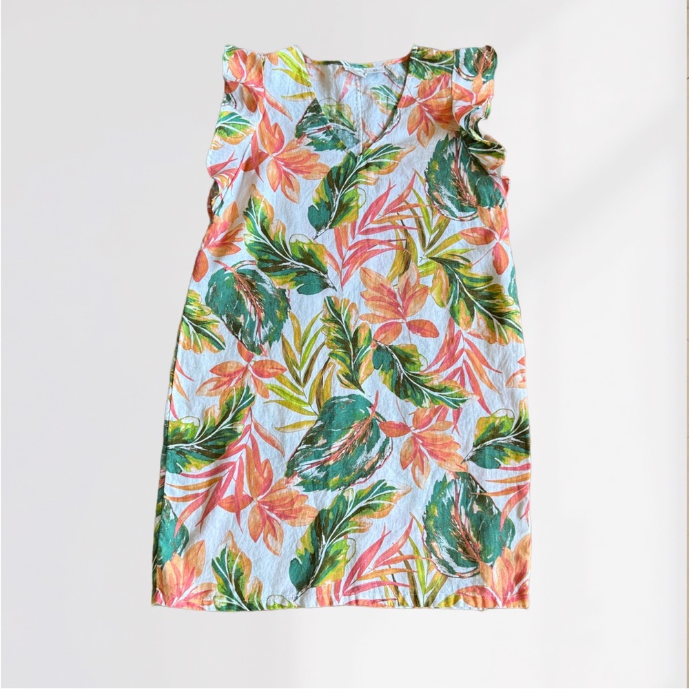 Nicole Miller Tropical Linen Mini Dress Green & Pink Size Small